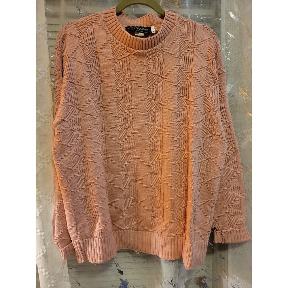 Geometric Large Chunky Knit Cotton Sweater Salmon Pink USA Grandpa Lodge Camp